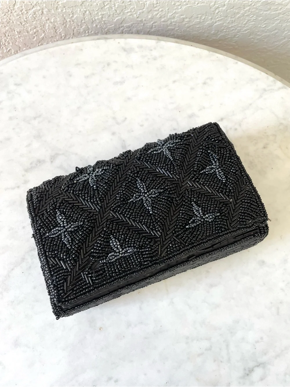 Vintage Black Hand Beaded Clutch Geometric Seed Bead Evening Bag